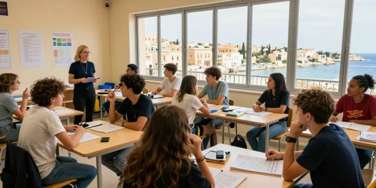 Corsi di inglese a Malta in una classe coinvolgente piena di studenti e istruttori, evidenziando un apprendimento linguistico dinamico.
