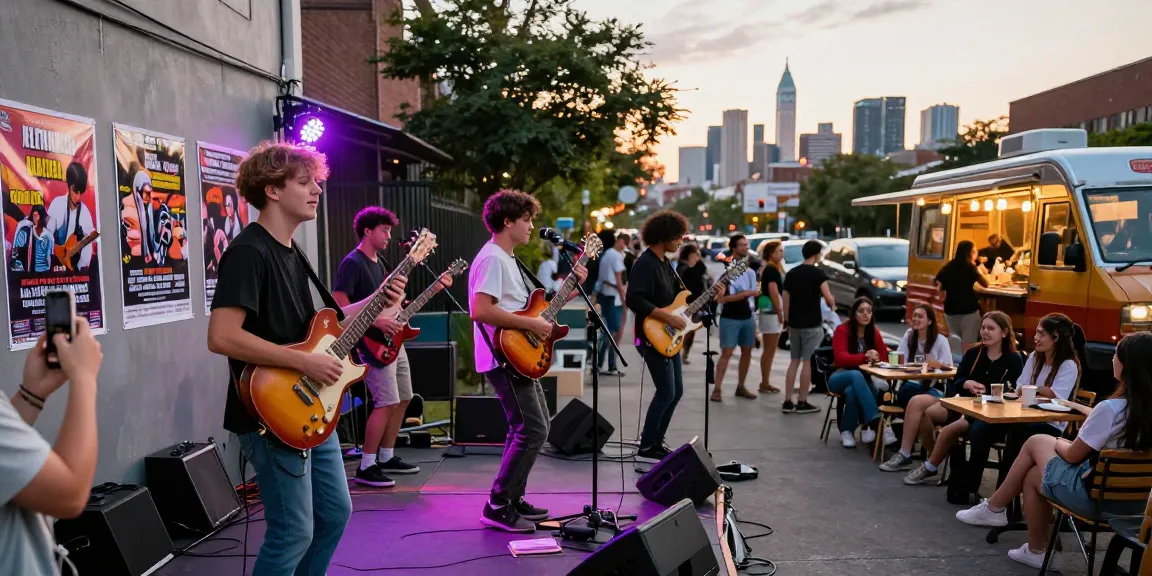Engaging scene of vibrant music promotion with musicians performing live, showcasing community energy.