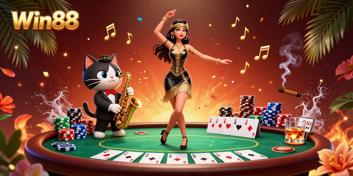 Win88 dancers and saxophone-playing cat create a vibrant casino scene with poker elements and festive confetti.