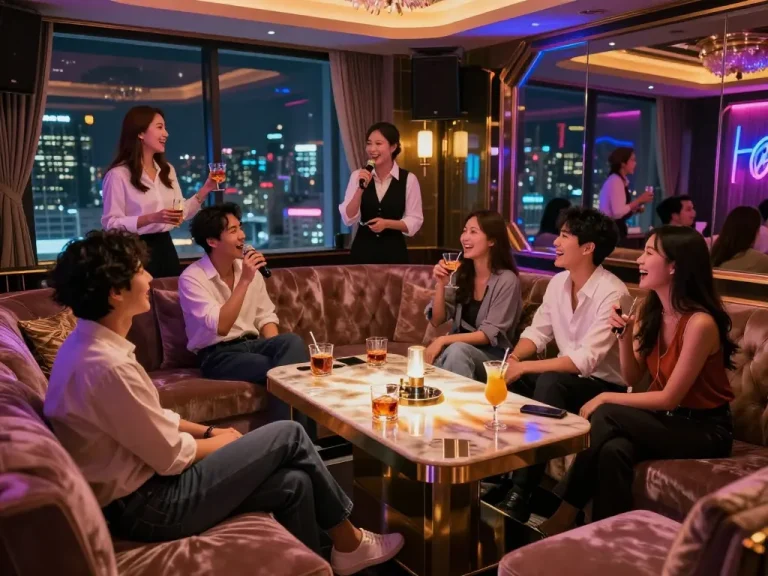 Gangnam가라오케, group enjoying drinks in a stylish karaoke venue with vibrant ambiance.