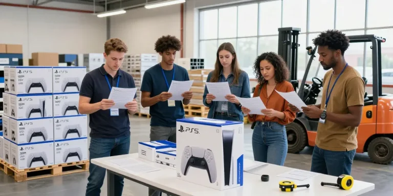 Inspecting PS5 pallets liquidation in a busy warehouse setting with diverse individuals.