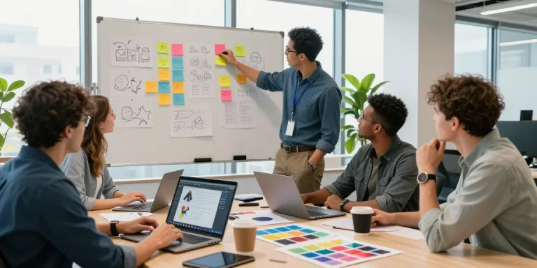Dynamic creative team using a mixboard for collaborative brainstorming in a modern office.