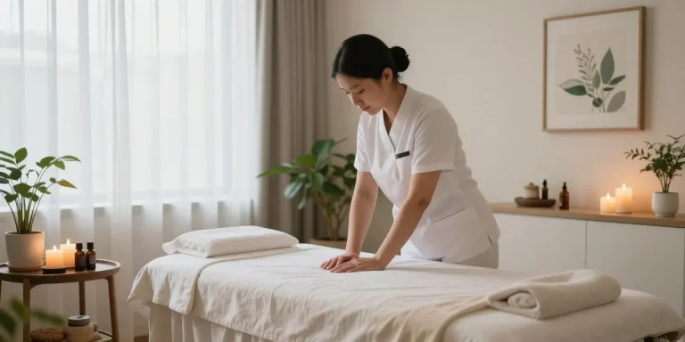 Massage therapist preparing a serene room for a deep tissue 마사지 session with calming decor and natural light.