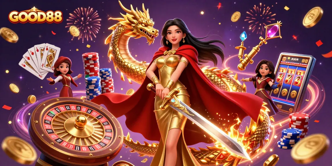 Engage in thrilling gameplay at GOOD88 with spinning roulette and vibrant casino elements.