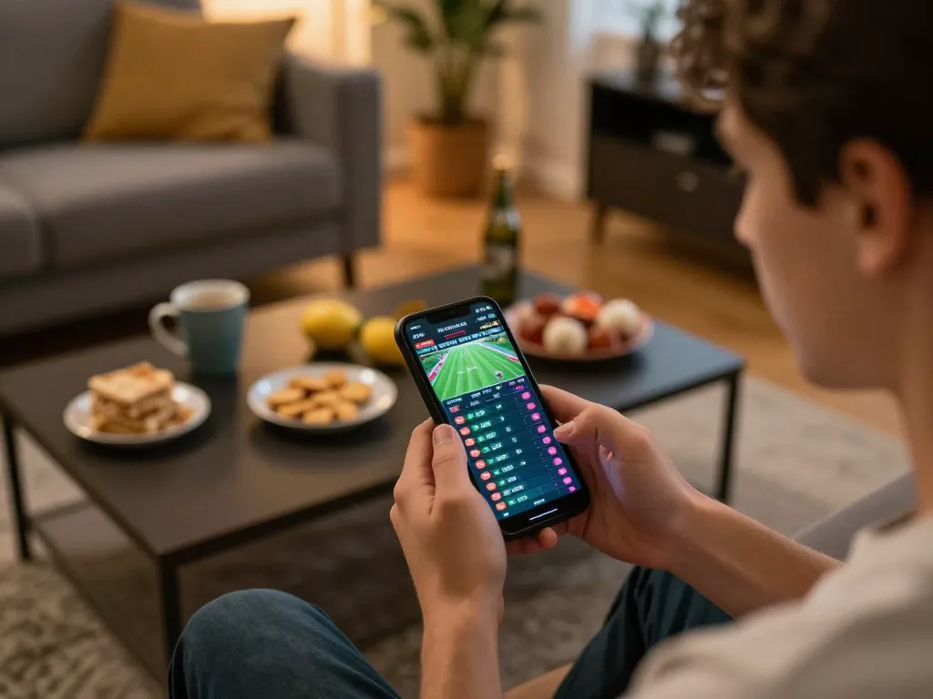 Engaged user betting on king33 sports app on smartphone in a cozy living room