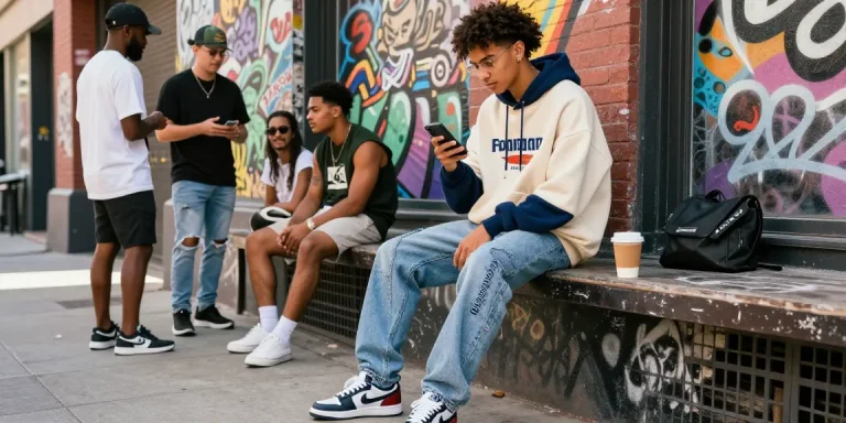 Fashionable individual in urban setting showcasing 레플리카 streetwear style, vibrant city backdrop, trendy outfit, and expressive lifestyle.