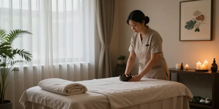 Relaxing massage therapy room set up for a 구로마사지 experience with calming ambiance, essential oils, and soft lighting.