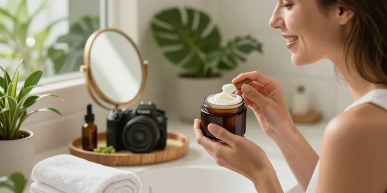 Applying Vitamin Rich Facial Balm in a serene bathroom surrounded by plants and natural elements.