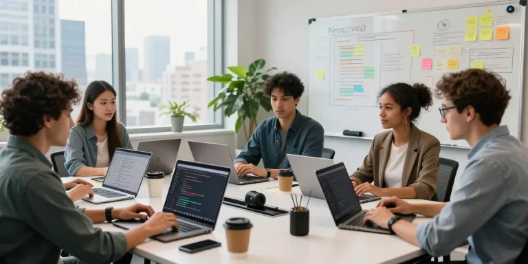 Kinetiq tech workspace collaboration with developers and code on screens