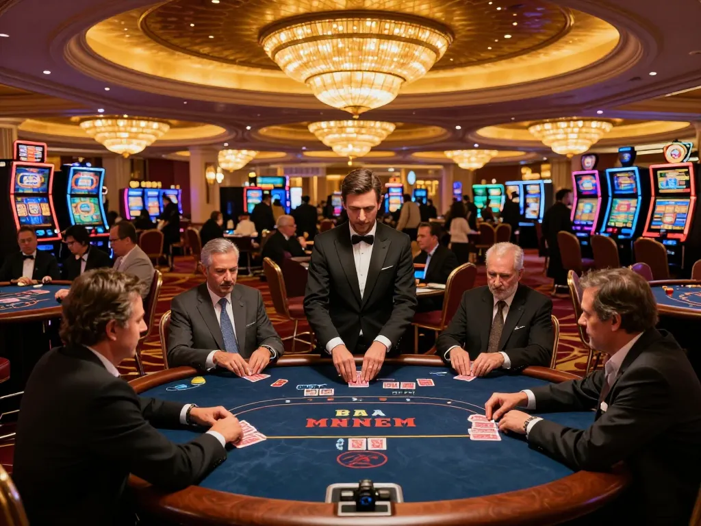 Experience the excitement at 77WIN with players enjoying a dynamic poker game in a luxurious casino atmosphere