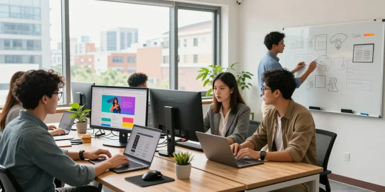Website development Malaysia team collaborating in a modern office, showcasing diverse professionals working on laptops and designs.