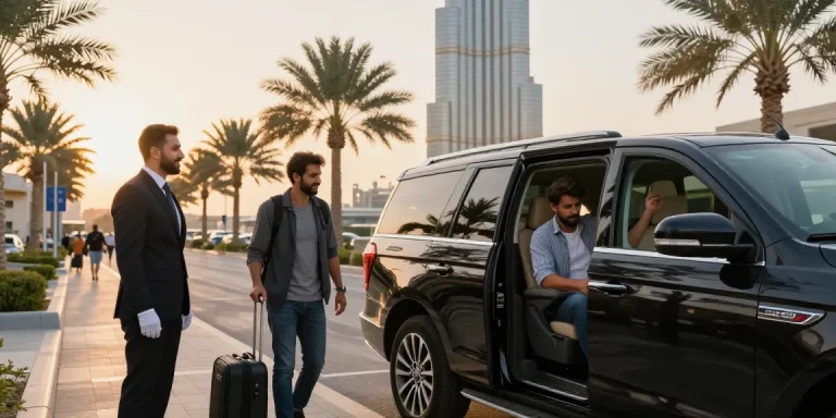 premium airport transfers service dubai with professional chauffeur welcoming traveler at Dubai airport
