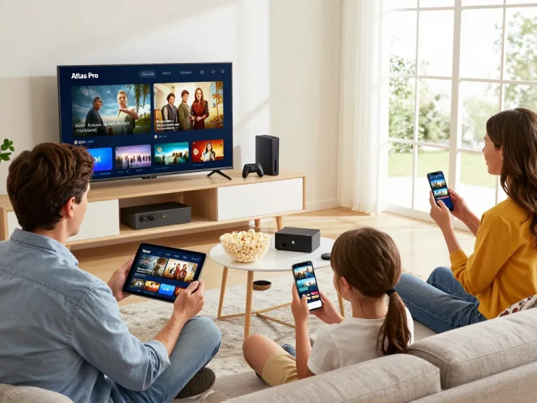 Famille profitant de l'IPTV avec Atlas Pro sur plusieurs appareils dans un salon confortable.