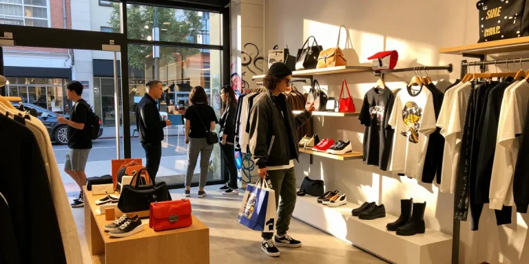 Shopping for high-quality 레플리카 쇼핑몰 fashion replicas in an urban boutique.