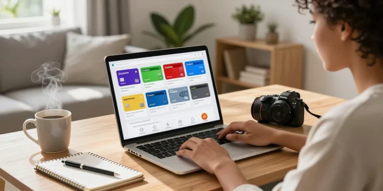 Shopping online for prepaid cards at ezzocard.com with a laptop and vibrant card options.