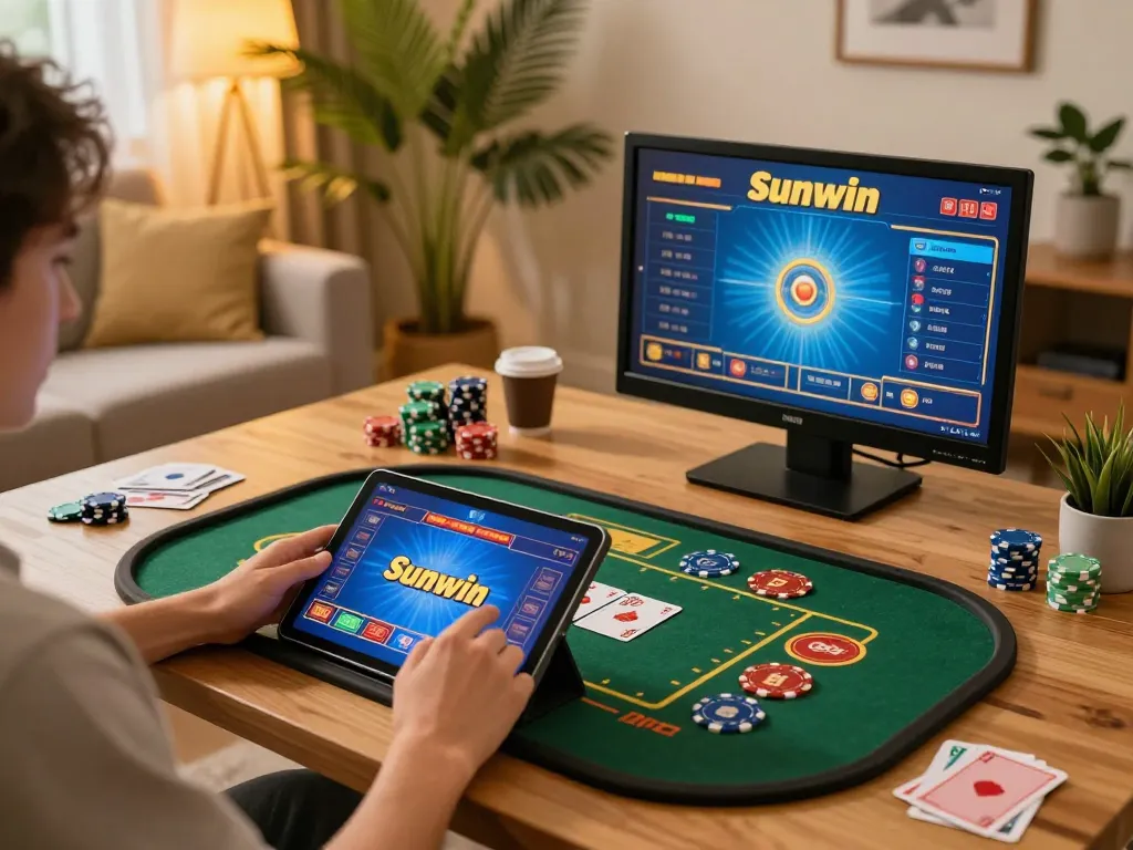 Thưởng thức các trò chơi casino trực tuyến Sunwin trong một không gian thoải mái tại nhà, thể hiện lối chơi sinh động.