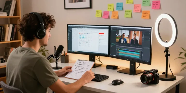 Content creator discussing genuine YouTube comments in a vibrant home office.