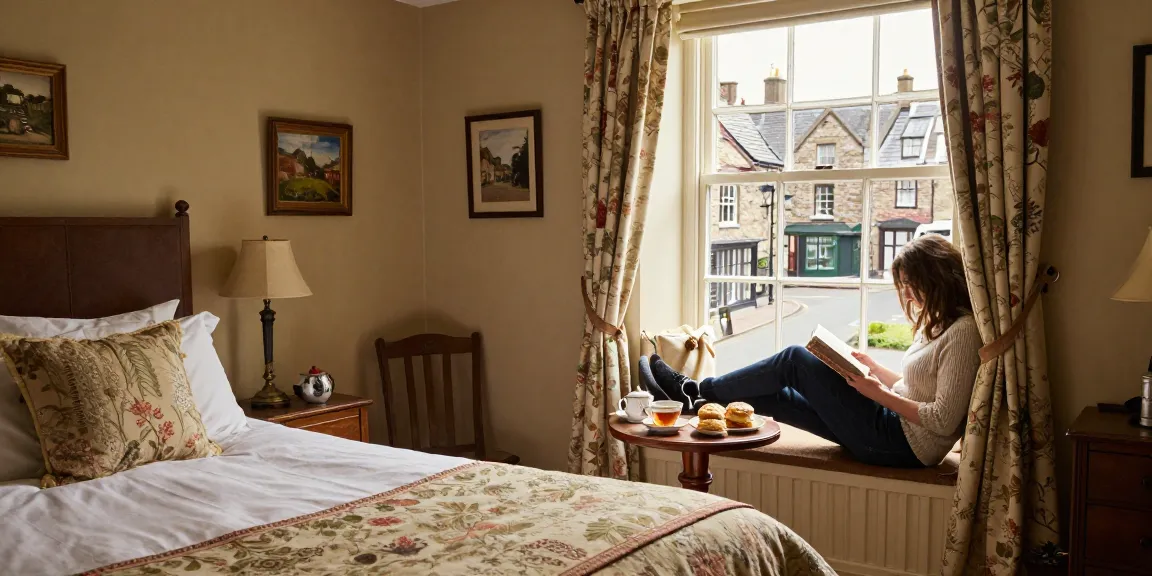Guesthouse Skipton with cozy room, tea set, and local charm inviting peaceful stay.