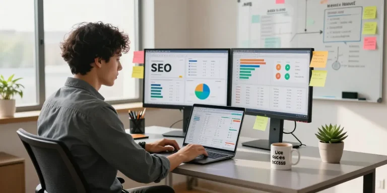 SEO Backlinks Packages analysis in a modern marketing workspace with dual monitors and a laptop.