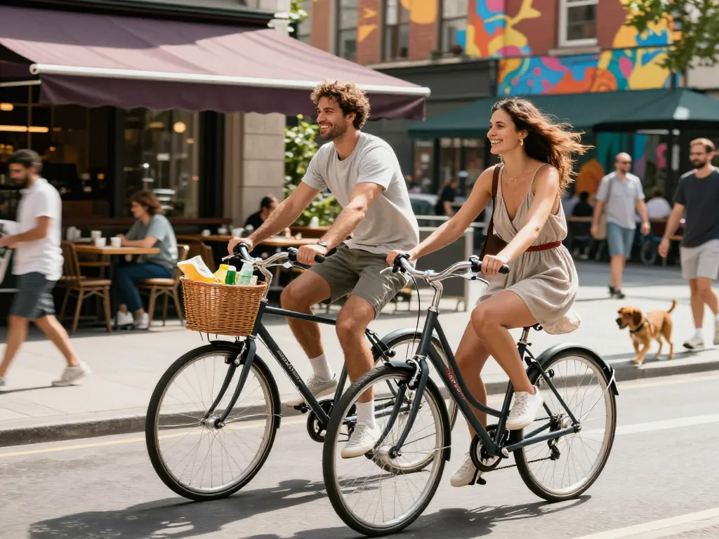 Doppio Bike 2x ride in a lively city environment with a couple enjoying their urban cycling adventure.