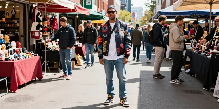 Fashion-forward individual featuring stylish 레플리카 items in vibrant urban market.