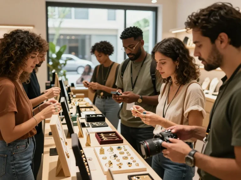 Customers exploring stunning jewelry in a vibrant store while preparing to check out this site for unique pieces.