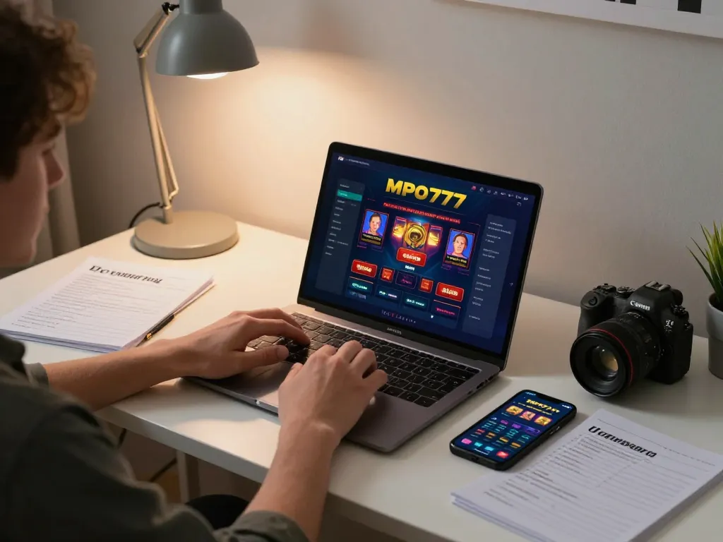 Pemain MPO777 berinteraksi dengan kasino online di laptop dan smartphone, menunjukkan perjudian yang bertanggung jawab.
