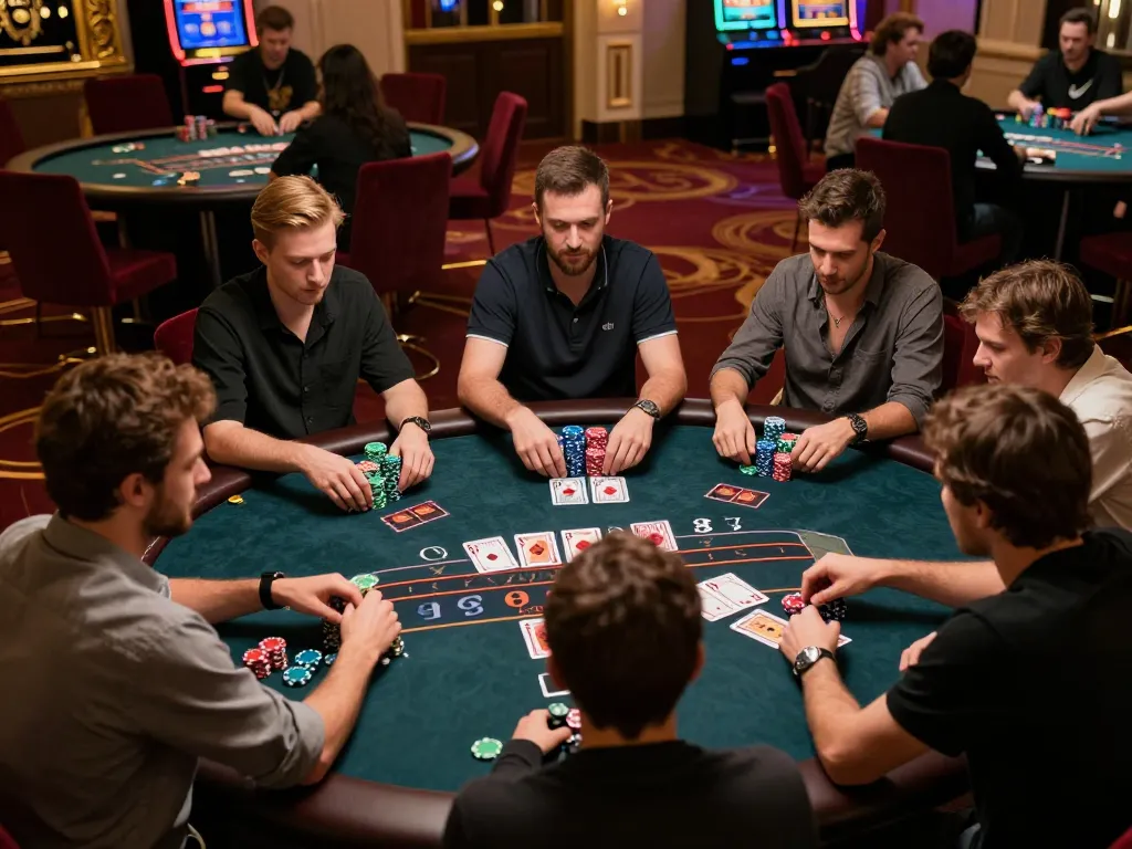 O8 players strategizing in a high-stakes poker game at a luxury casino table