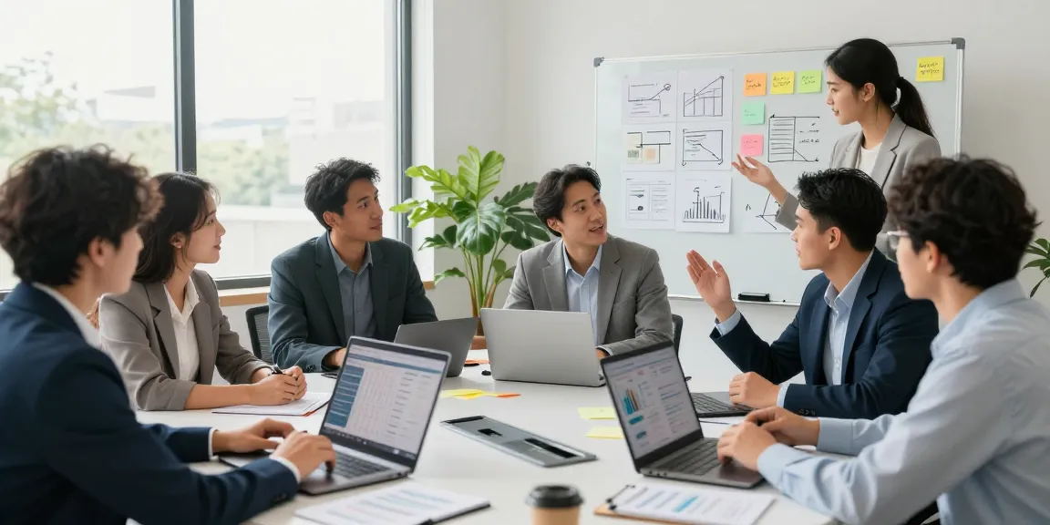 Local business visibility tools illustrated in a collaborative office scene with diverse professionals discussing strategies and analytics.