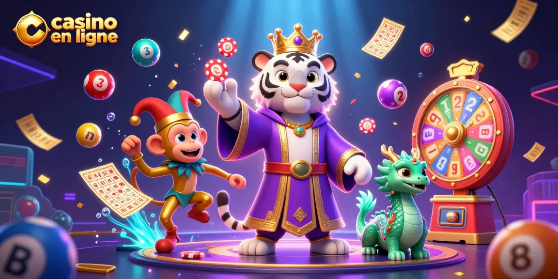 Gagnez gros au casino en ligne avec une scène vibrante mettant en vedette des personnages ludiques et des éléments de jeu dynamiques.