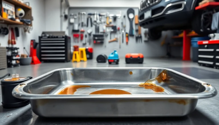 Efficiently using an Oil Drain Pan in a clean garage workspace.