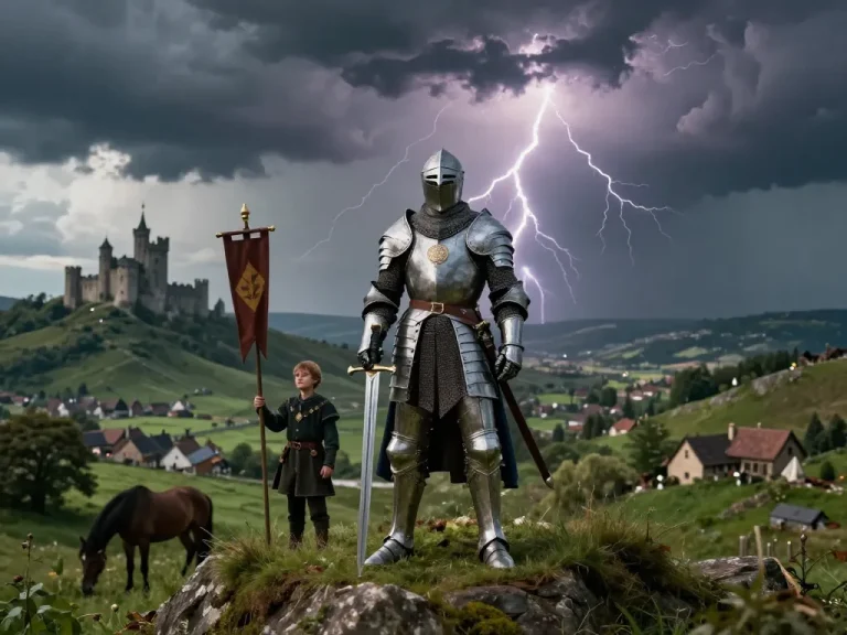 Knight of the Seven Kingdoms standing proud with squire in medieval landscape.