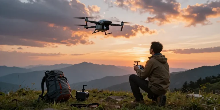 Person flying the F168 drone during sunset with mountains in background, showcasing adventure.