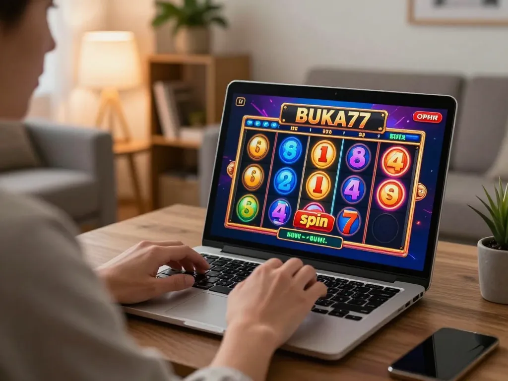 Engaging gameplay on BUKA77 slots as a player prepares to spin the colorful reels at home.