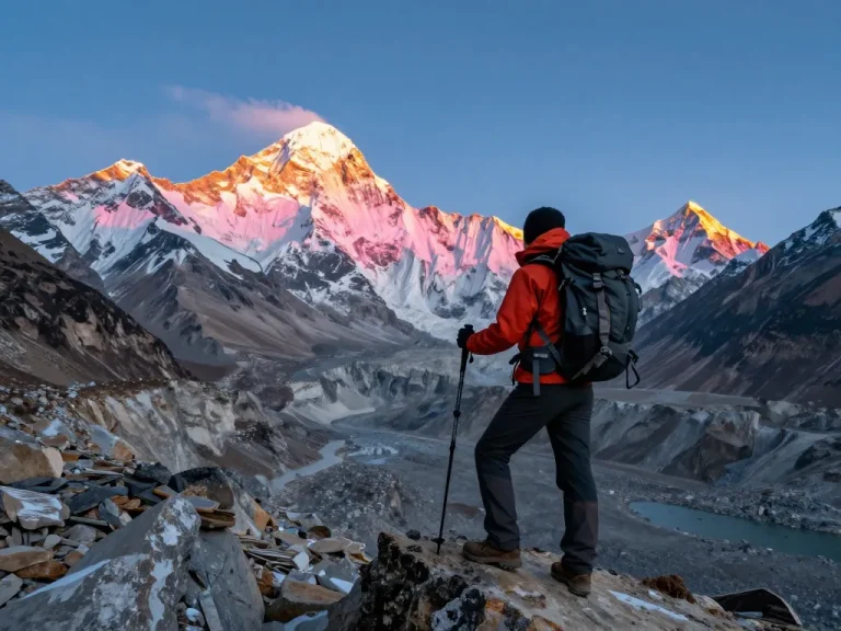 Traveler at Everest Base Camp Trek with Helicopter Return, overlooking stunning sunrise mountains, capturing thrilling adventure.