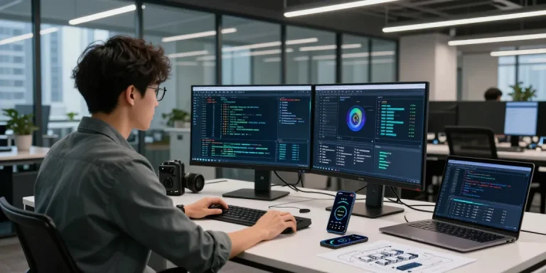 快连網路優化工作空間，有一位軟體工程師和先進的技術設置。