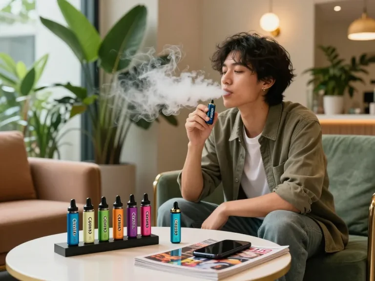 Individual enjoying Clean Carts 2g vape in a cozy lounge setting, exhaling vapor with products displayed nearby.