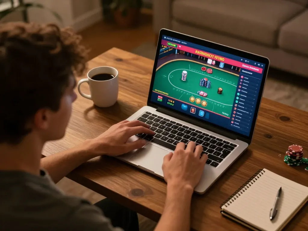 Person engaging in online poker on betbet platform, showcasing a cozy home gaming experience.