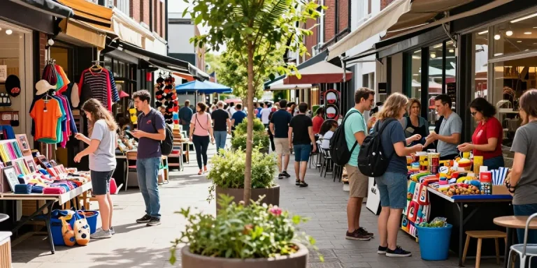 Vibrant urban market scene where shoppers engage with local products, reflecting community and shopping culture.