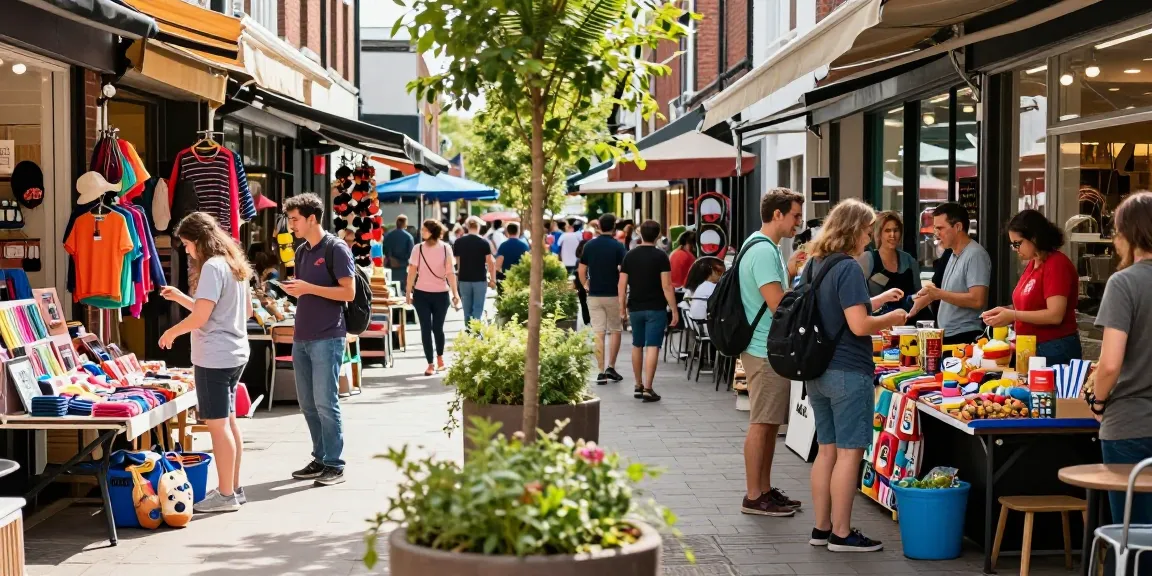 Vibrant urban market scene where shoppers engage with local products, reflecting community and shopping culture.
