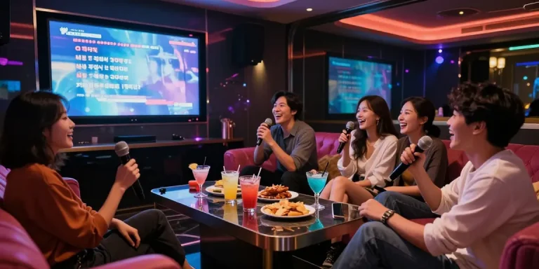 Gathering of friends enjoying the vibrant atmosphere at 강남 엘리트 가라오케 with colorful lights and plush decor.