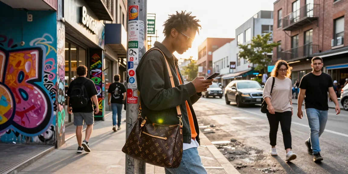 Stylish individual showcasing 명품 레플리카 fashion in an urban street scene with vibrant graffiti backdrop.