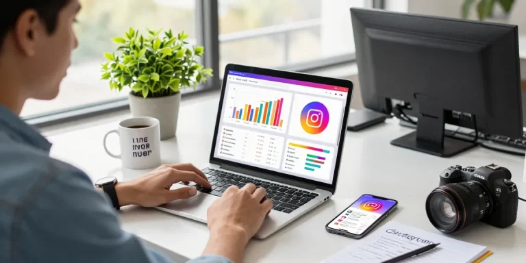 Purchase IG followers instantly demonstrated in a busy digital marketing workspace with metrics analysis.