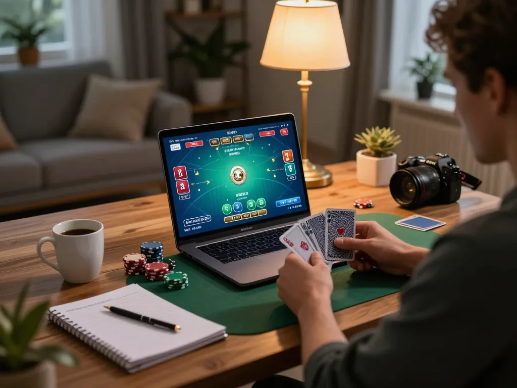 Player engaging with superjp poker game at home with laptop and strategy notes, cozy gaming atmosphere.