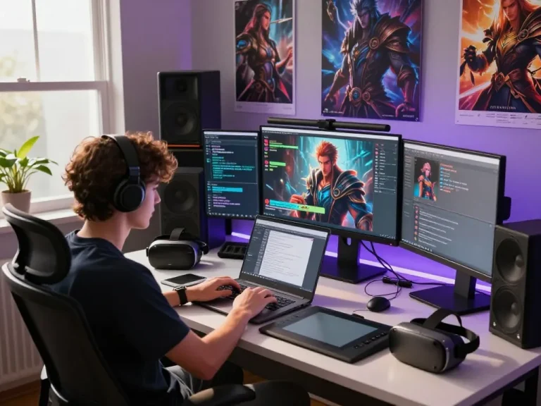 User creating NSFW AI interactions in a modern workspace with tech gadgets and vibrant character graphics.