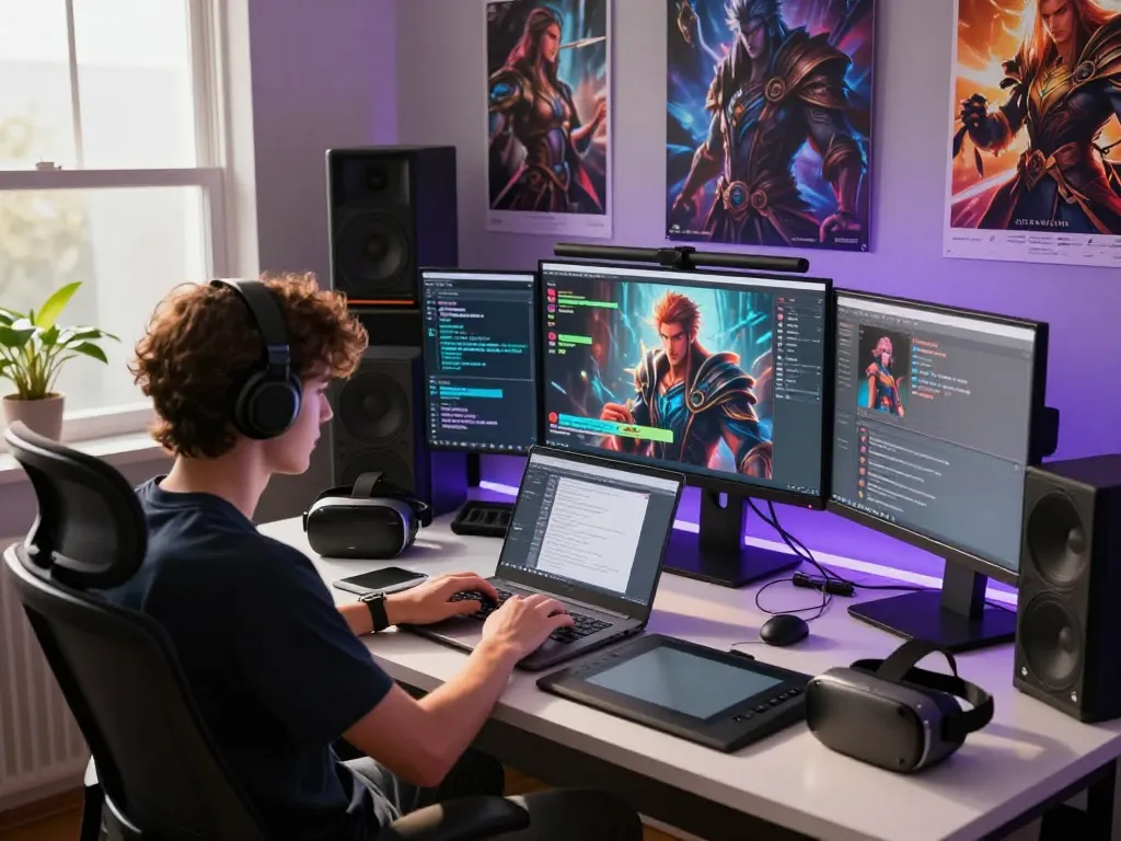 User creating NSFW AI interactions in a modern workspace with tech gadgets and vibrant character graphics.