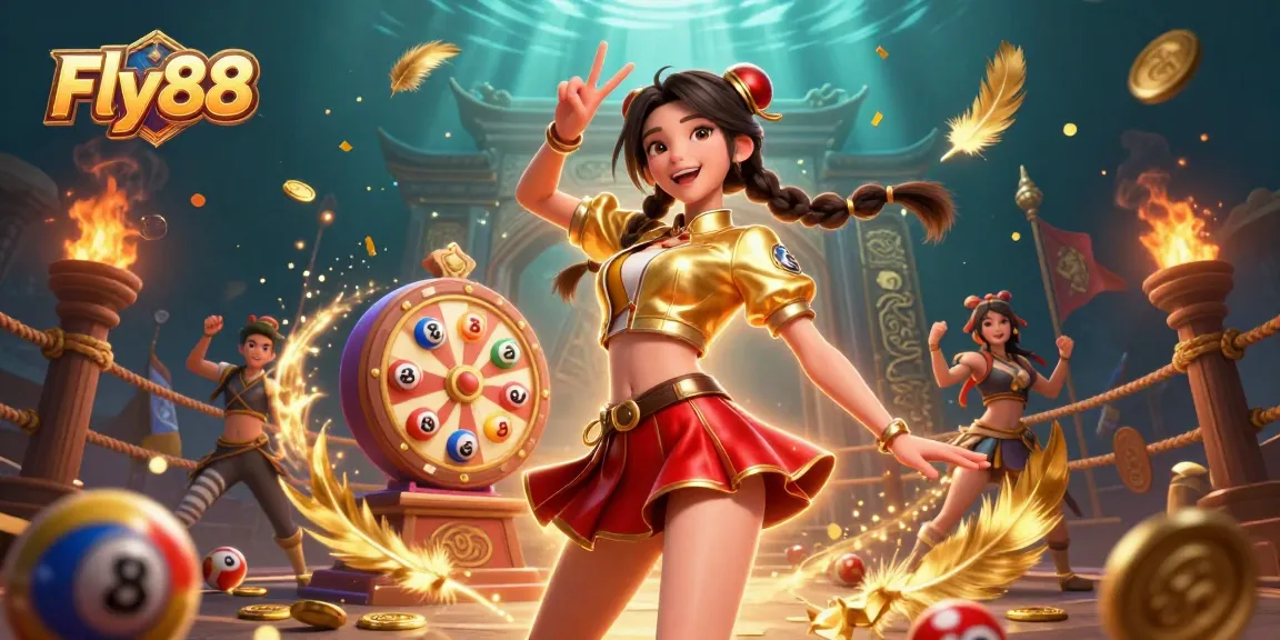 Win big at Fly88, featuring vibrant characters and exciting casino elements amidst a festive backdrop.