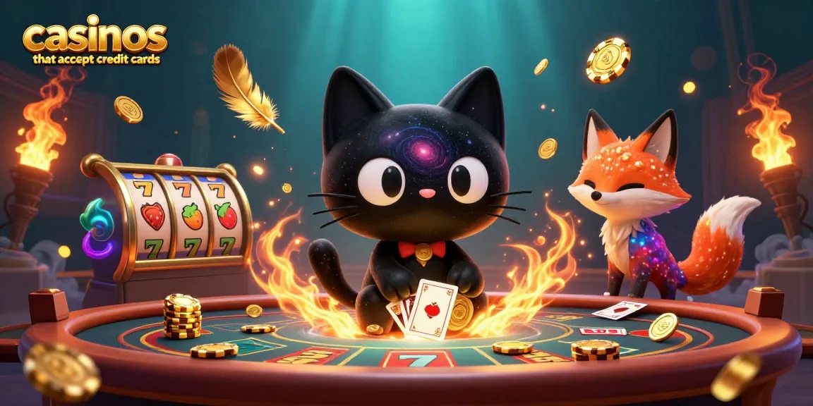Engage with casinos that accept credit cards in a vibrant cosmic scene featuring whimsical characters, gold coins, and slot machines.