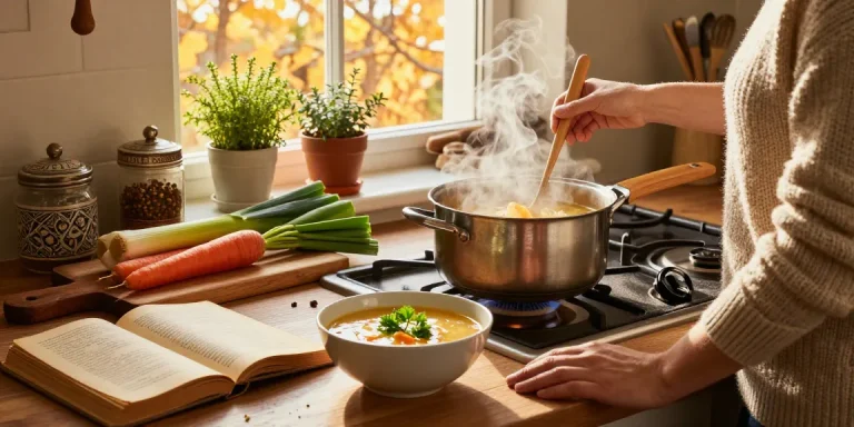 Leckere klare Suppe, die in einer gemütlichen Küche gekocht wird, frische Zutaten sichtbar, einladende Atmosphäre perfekt für Familienmahlzeiten.