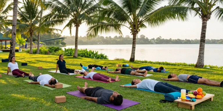 Group practicing yoga at Lanka Yoga in Sri Lanka, showcasing vibrant yoga teacher training sri lanka.